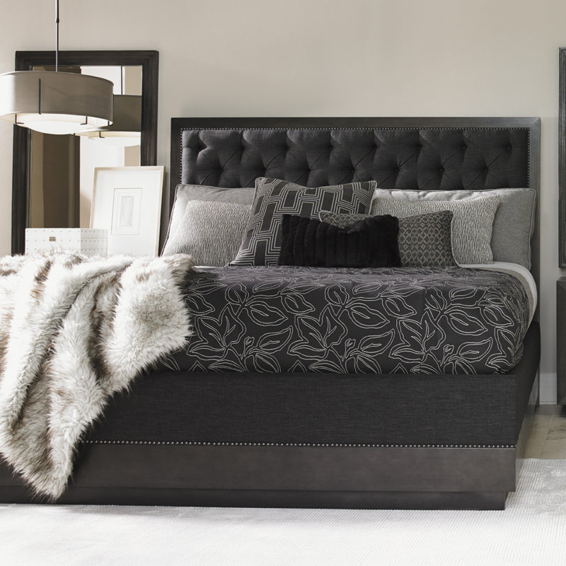 Charcoal Gray Diamond-Tufted Queen Bed with Nailhead Trim and Storage