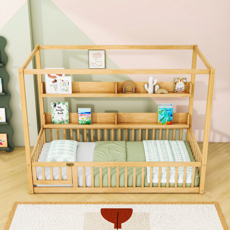 Canopy Montessori Floor Bed With Built-In Storage And Safety Slats, Natural, Twin