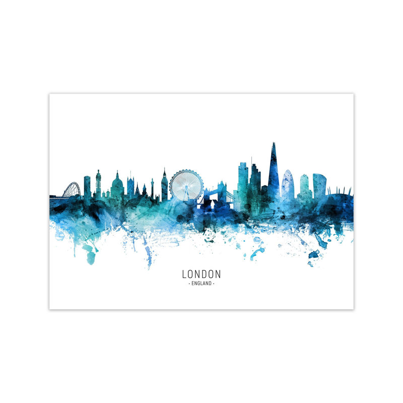 London England Skyline Blue City Name by Michael Tompsett - Print, Unframed, 21cm H x 30cm W x 1cm D