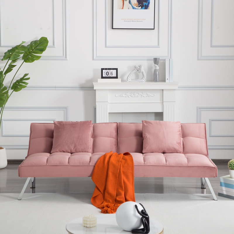 Futon Convertible Sofa Bed with Metal Legs, Rose Red Velvet