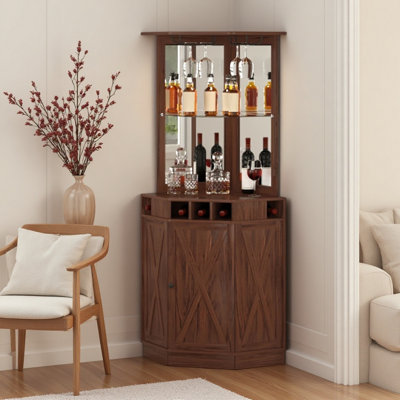 Meuble-bar de coin industriel, table à vin pour spiritueux et verres, buffet avec porte-verres, meuble-bar à café indépendant en bois de style champêtre pour salon, bar à domicile