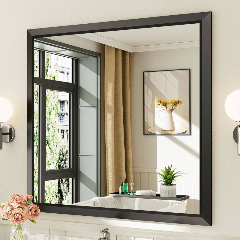 Miroirs de salle de bain modernes et contemporains en métal biseauté rectangulaire / carré avec verre trempé HD, Noir mat