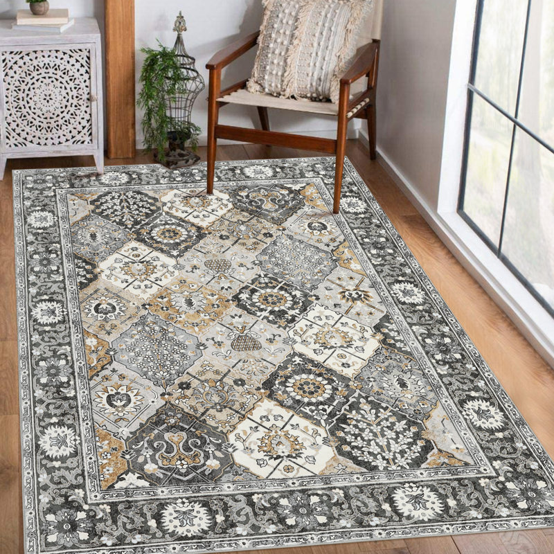 9'x12' Vintage Distressed Pattern Washable Area Rug. Non-Slip Low Pile Pearl Velvet Carpet for Living Room. Coffee Brown