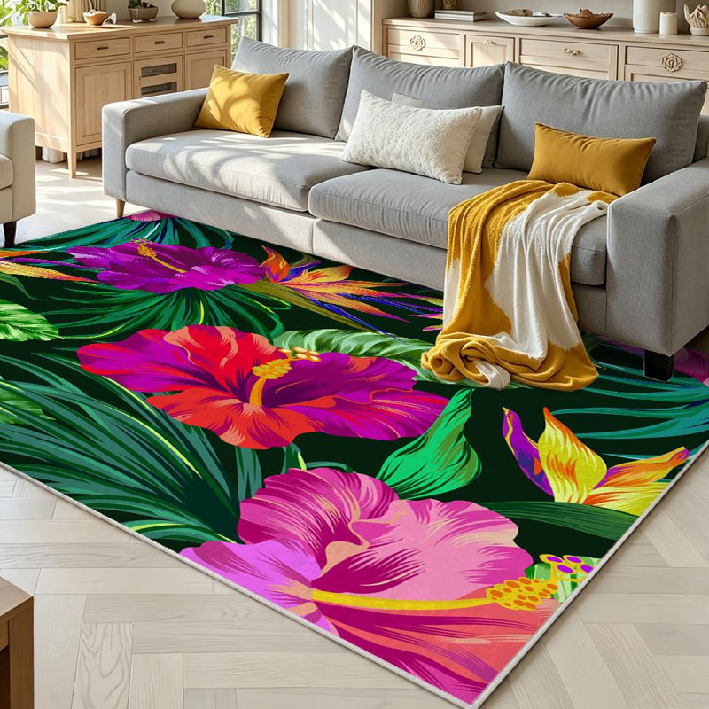 Pink Amazing Tropical Flowers Botanical Hibiscus Palm Bird Paradise File Machine Washable Indoor Area Rug