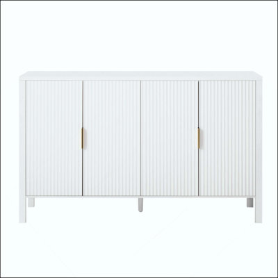 Armoire de rangement moderne à rayures, buffet à 4 portes avec supports de rangement à l'arrière et crochets latéraux, tablettes réglables, armoire en panneau de fibres à densité moyenne avec poignées en aluminium pour le salon, la salle à manger