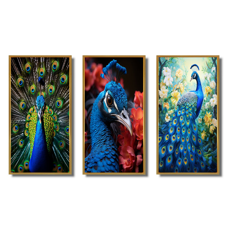 «Teal Radiant Peacock», 3 pièces sur toile, Cadre flottant doré, H 20 po x l 36 po