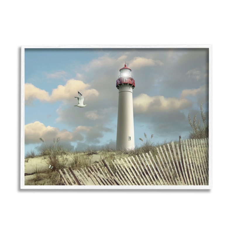 Reproduction de photo «Cape May Sand Dune Fence Lighthouse Beach Scene with Seagull», Cadre blanc, H 14 po x l 11 po