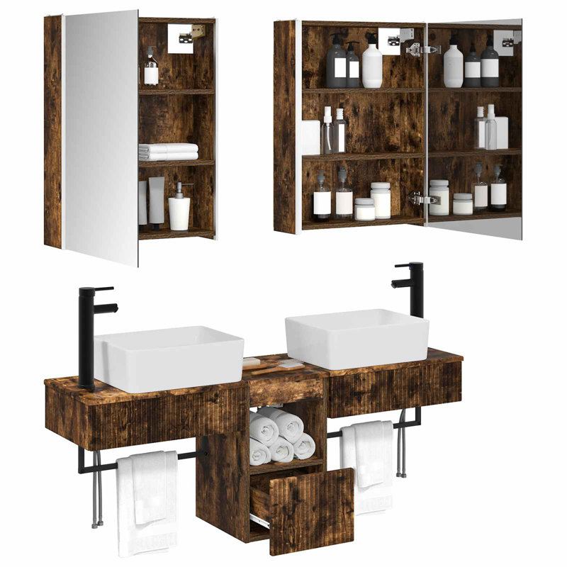 Vanity & Mirror Set, Smoked Oak