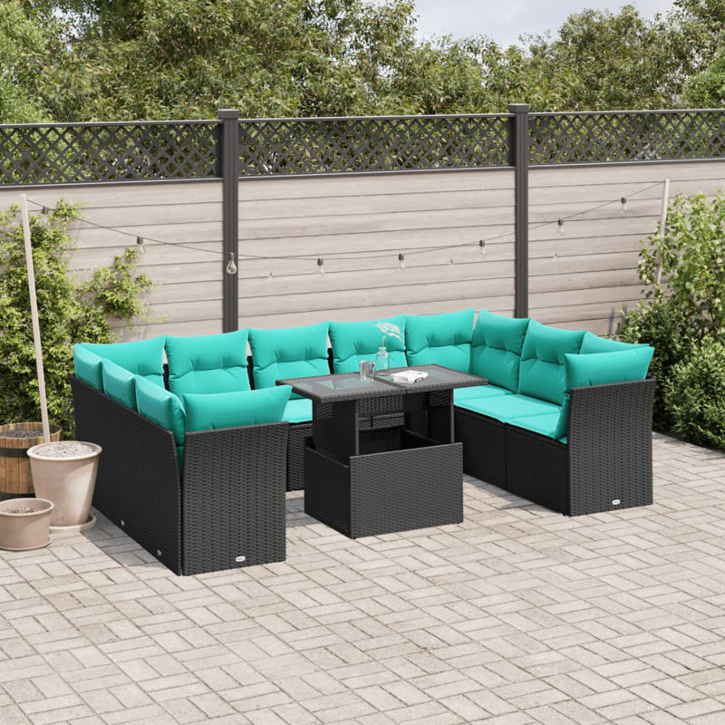  Ensemble de canapé de patio 10 pièces avec coussins en rotin de polyester brun, Bleu clair, Noir