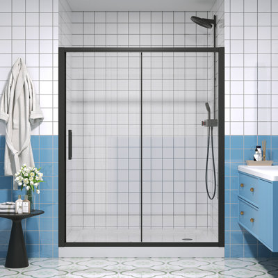 Single Sliding Shower Door 56-60" W X 72" H Semi-Frameless Shower Glass Panel, 1/4" (6Mm) Clear Tempered Glass, Transparent Safety Film For Glass,Aluminium Alloy Matte Black,Reversible Installation