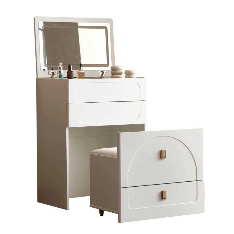 Ensemble de coiffeuse 3 en 1, ensemble de coiffeuse avec miroir et 3 tiroirs, petite coiffeuse avec tabouret rembourré, coiffeuse compacte pour chambre à coucher, blanc