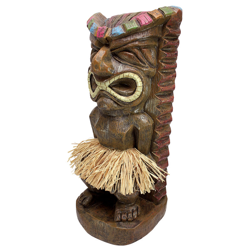 Hand-Painted Polynesian Tiki Totem Statue with Grass Skirt