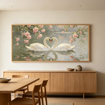 Vintage Romantic Wildlife Wall Art Two White Swans Heart Silhouette Soft Pink Rose Branches Calm Pond Scenery Gallery Wrapped Horizontal Canvas Wall Art