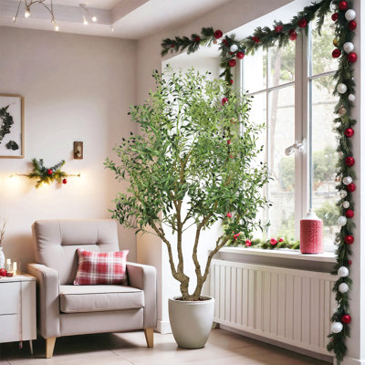 Grand olivier artificiel de 8 pi - grand arbre artificiel en pot avec un tronc naturel et des feuilles d'olivier réalistes et une plante décorative élégante pour le salon, le bureau ou le vestibule, 1pc / ensemble
