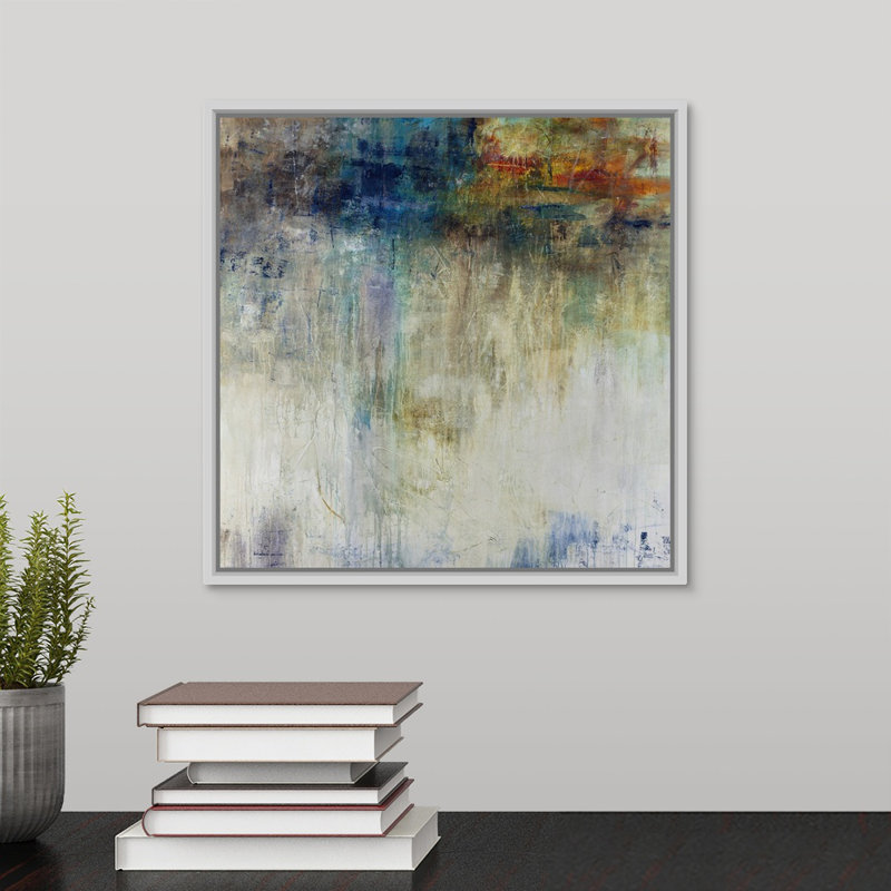 « crépuscule point », peinture sur toile, Cadre flottant blanc, H 13,7 po x l 13,7 po x P 1,75 po
