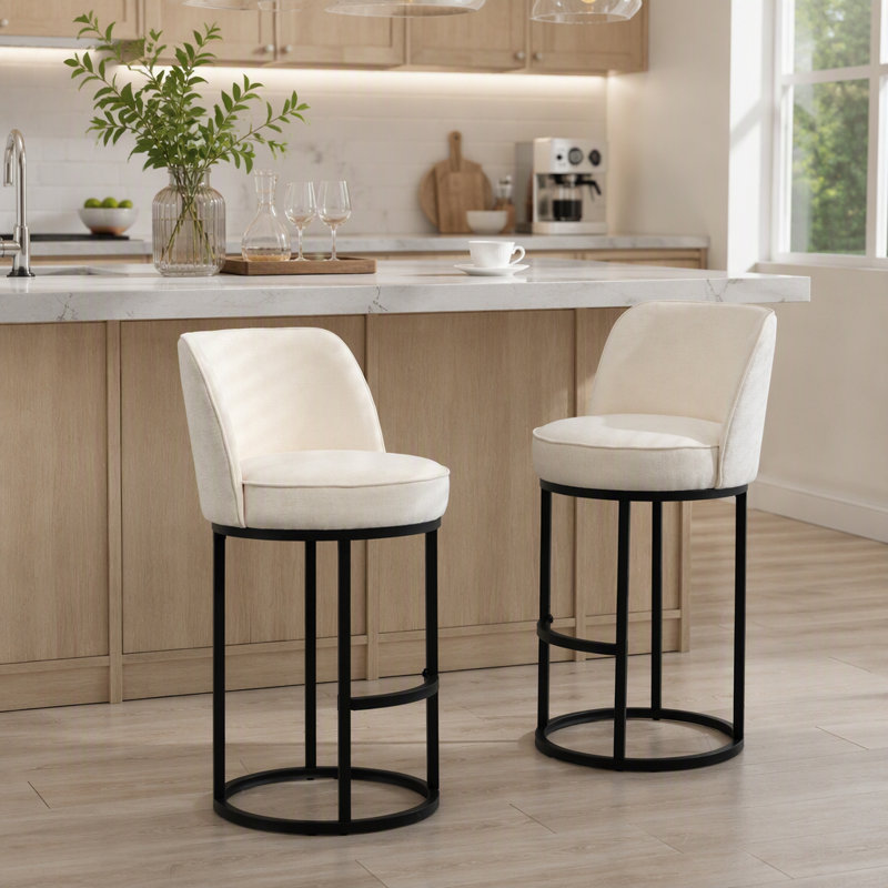 Ensemble de 2 tabourets de bar à hauteur de comptoir, conception de baril moderne avec dossier, revêtu de lin pour le confort et le style des îlots de cuisine