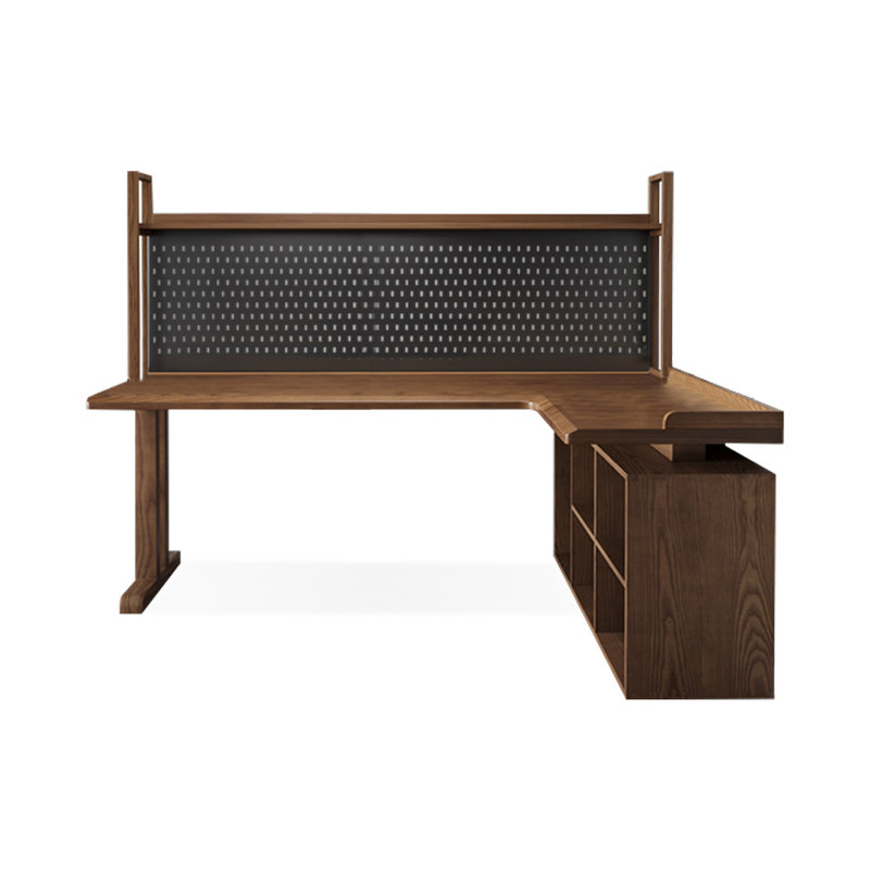 Noyer clair + bureau en bois massif en forme de L noir + fer, H 61,02 po x l 78,74 po x P 41,34 po, Retour à droite