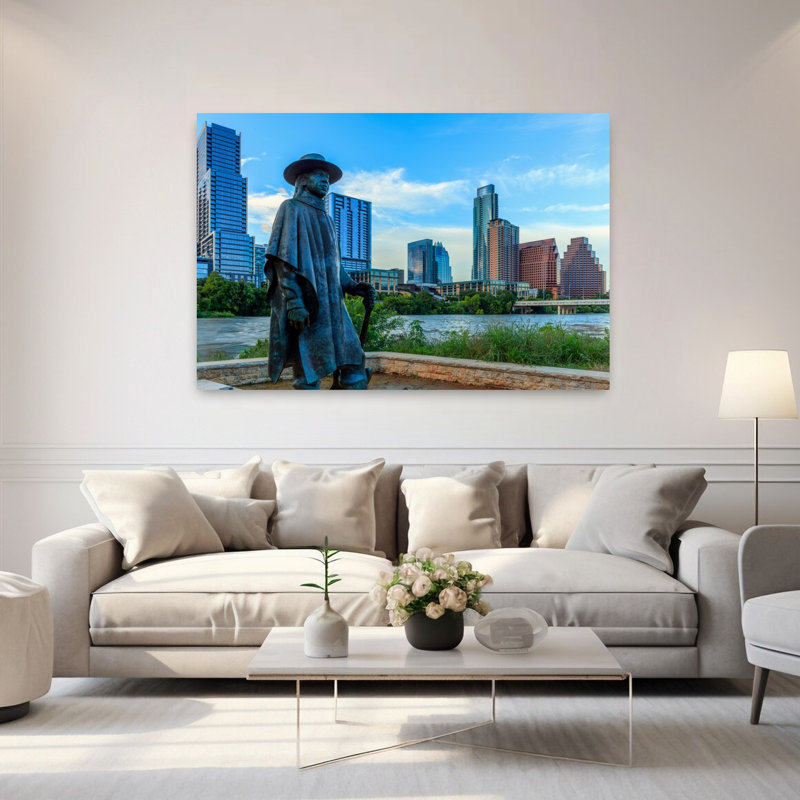 Statue de Stevie Ray vaughan sur le rivage du lac Lady Bird au centre-ville d'Austin, Texas, États-Unis, architecture moderne abstraite, art urbain
