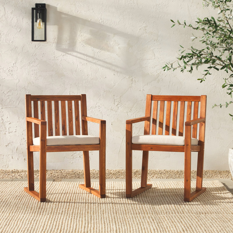 Brown Acacia Wood Slat-Back Outdoor Dining Chairs with Cushions, Set of 2
