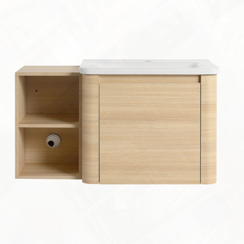 Meuble-lavabo mural avec tablettes de rangement pour lavabo en céramique blanche et porte à fermeture en douceur, 36"