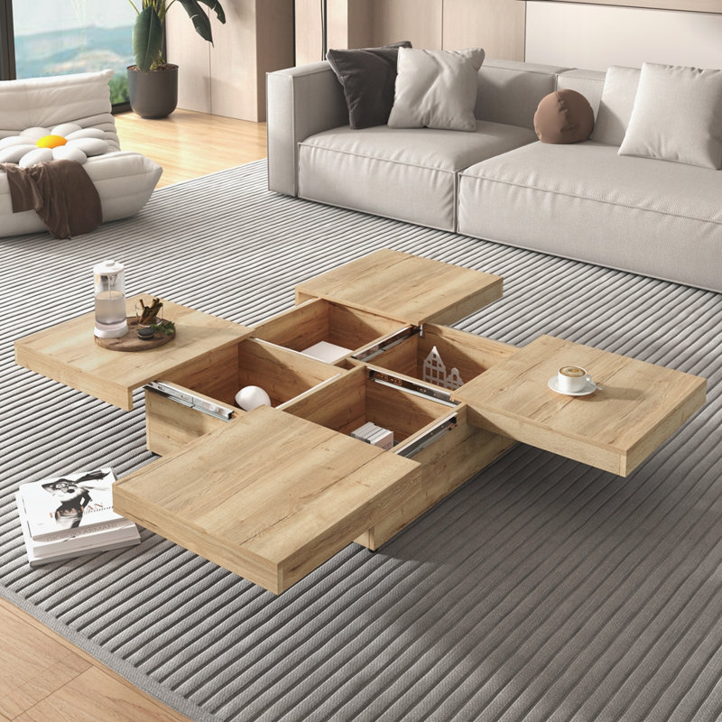 Table basse carrée en placage avec plateau coulissant et beaucoup de rangement, Natural