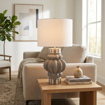 Modern Ecomix Round Table Lamp with Sculpted Base for Bedside Use - Small Drum Shade Accent for Desk, Bedroom and Living Room - 26", Gray & Gold