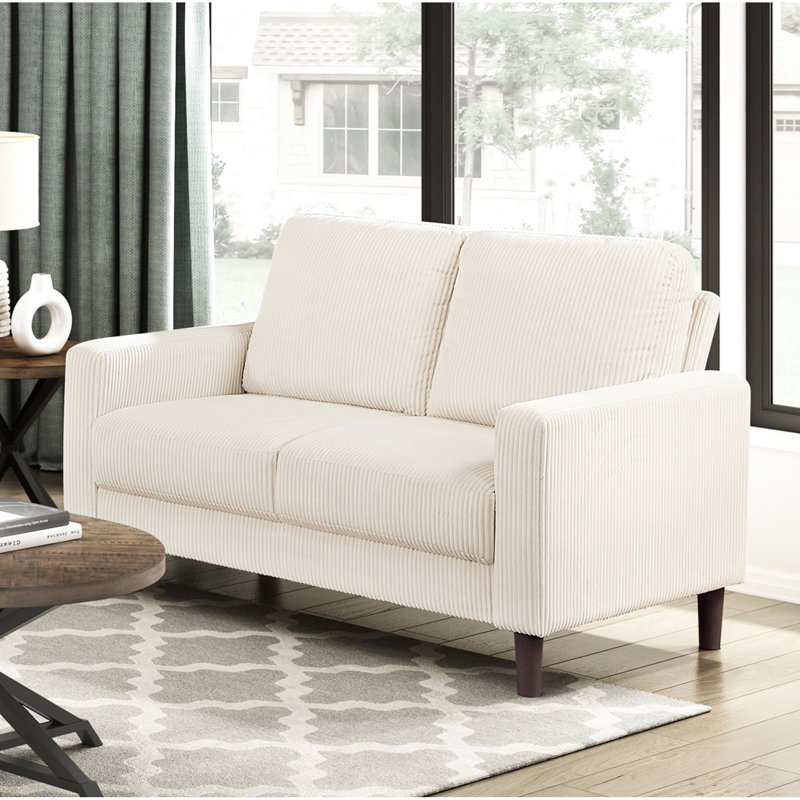 Velours côtelé beige contemporain en bois massif et pieds exposés en mousse haute densité pour petit salon décoré de sièges confortables recouverts de brun