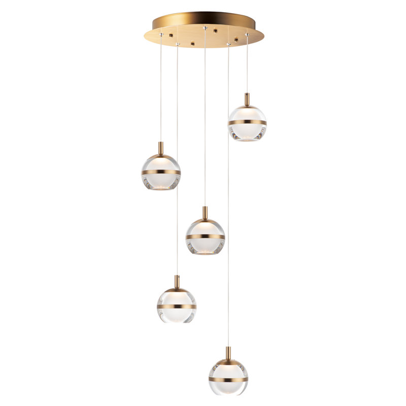 Luminaire suspendu sphère à DEL 5 lumières Eliset, Givré / or, Laiton vieilli naturel