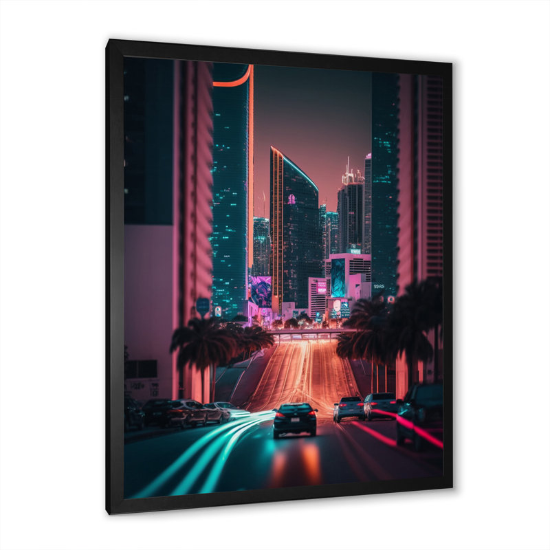 «Futuristic Miami Neon Art I», reproduction sur toile, Cadre noir, H 20 po x l 12 po x P 1 po