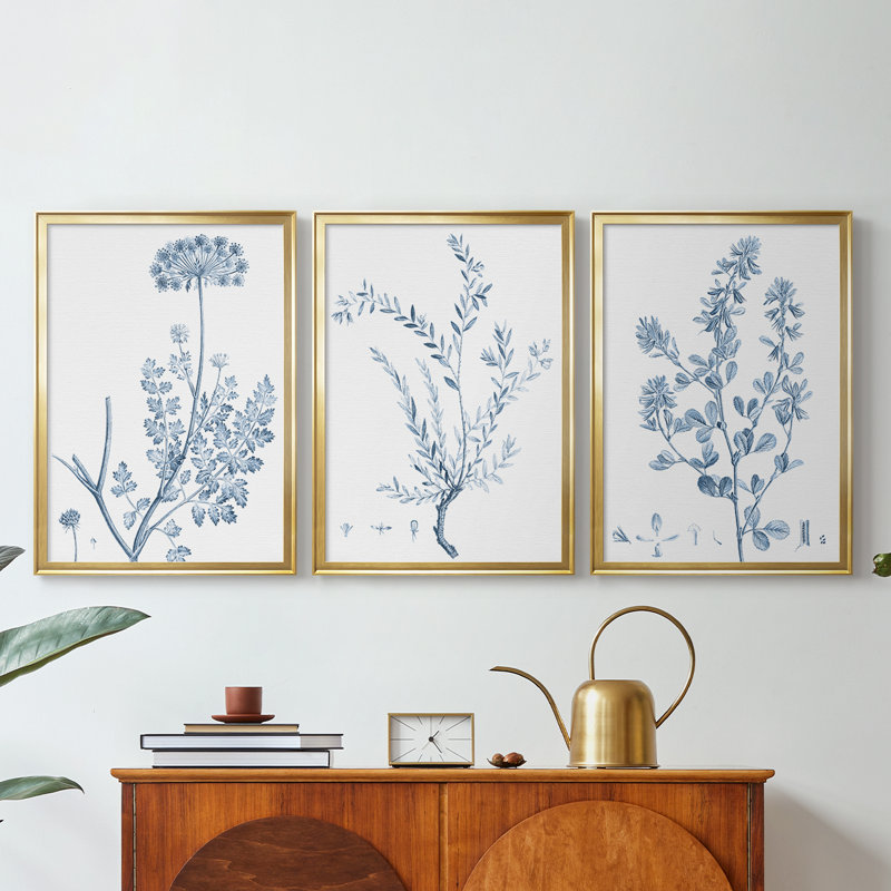 Antique Botanical in Blue V - Toile tendue avec châssis sur mesure - 3 pièces, H 21 po x l 30 po, Doré