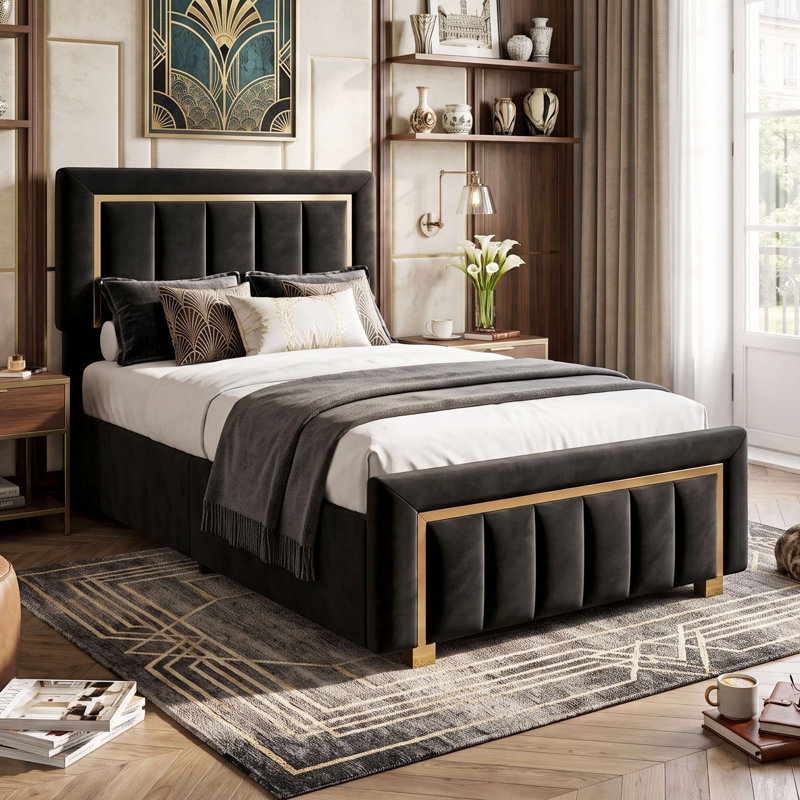 UK & EU Velvet Ottoman Bed with Fluted Gold-Trim Headboard, Luxury Gas-Lift Storage Bed, Beige/Black, Single (3'), Black