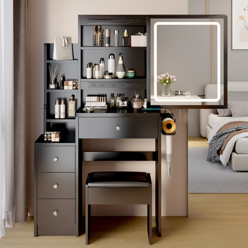 Table de chevet avec armoire de chevet, Noir 1