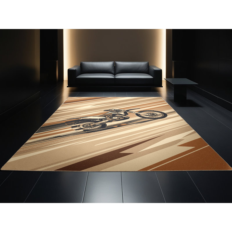Soft Plush Eckart Offroad Dirt Bike Modern Rustic Striped Area Rug in Brown – Beige Binding, 7x9