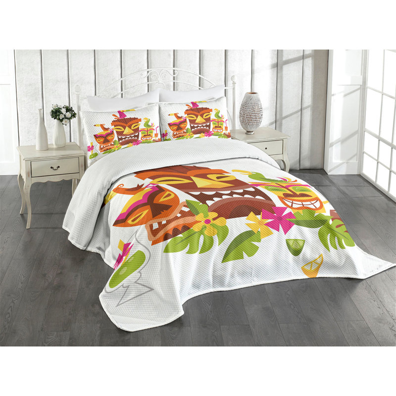 Ambesonne Luau Bedspread Set Tiki Drinks Birds Multicolor, King Bedspread + 2 Standard Shams