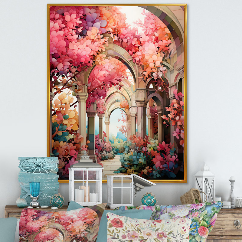 «Swante Pink Bridge Whimsical Arches», reproduction sur toile, H 40 po x l 30 po x P 1,5 po, Cadre flottant doré