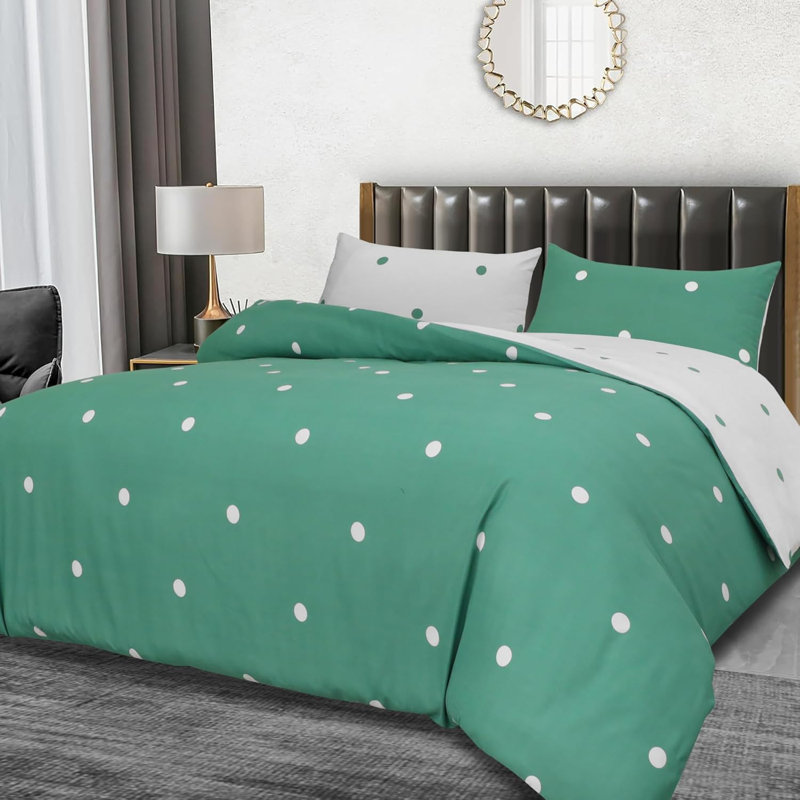 250TC Brushed Microfiber Duvet Cover Set with Pillowcases (3 in 1), Green/White Polka Dots