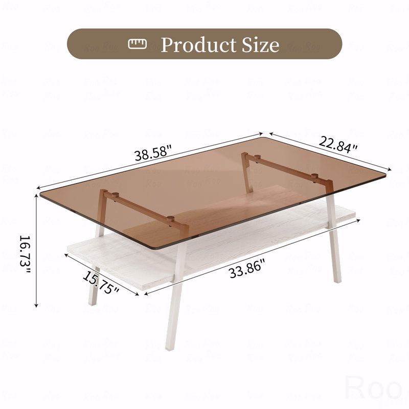 Table basse rectangulaire avec plateau en verre trempé et pieds en métal blanc moderne, Brun, Beige