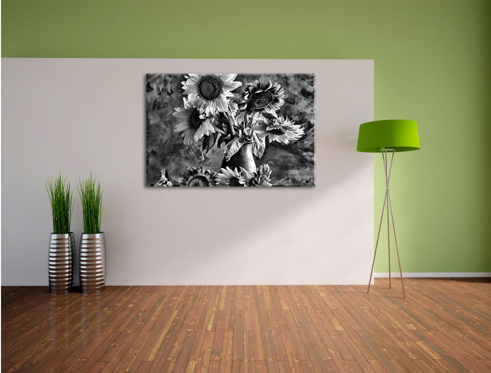 Leinwandbild Sonnenblumen in edler Vase in Monochrom