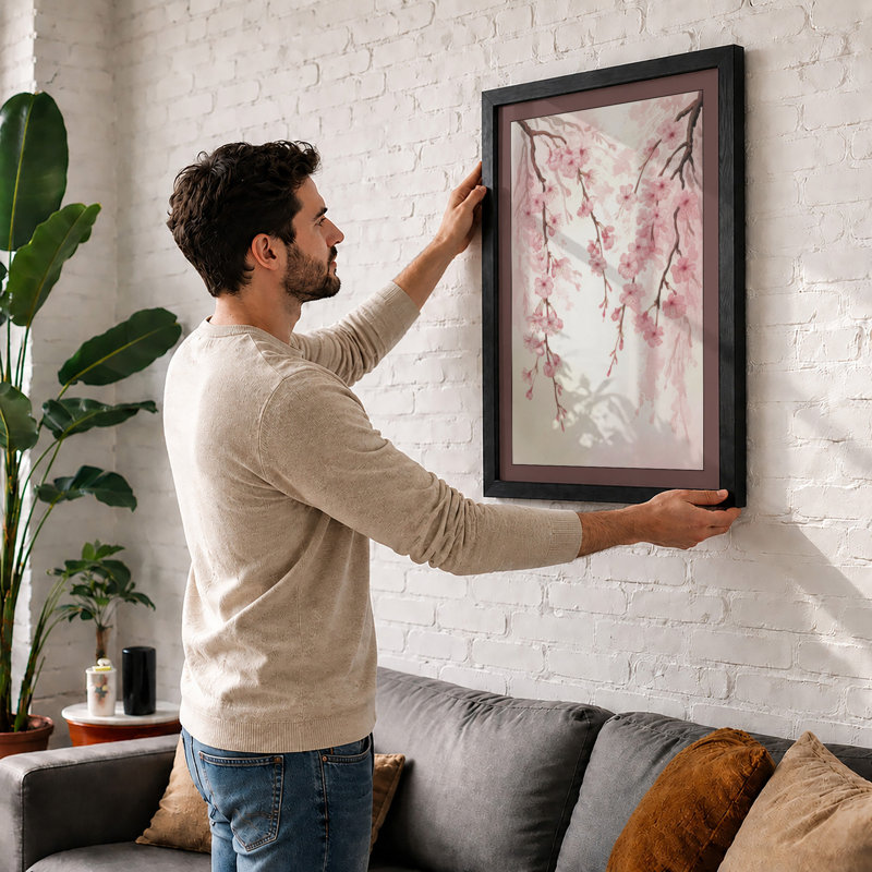 Moonlit Cherry Blossom Botanical - Framed Print, A4 - 29.7 x 21.0 cm, White