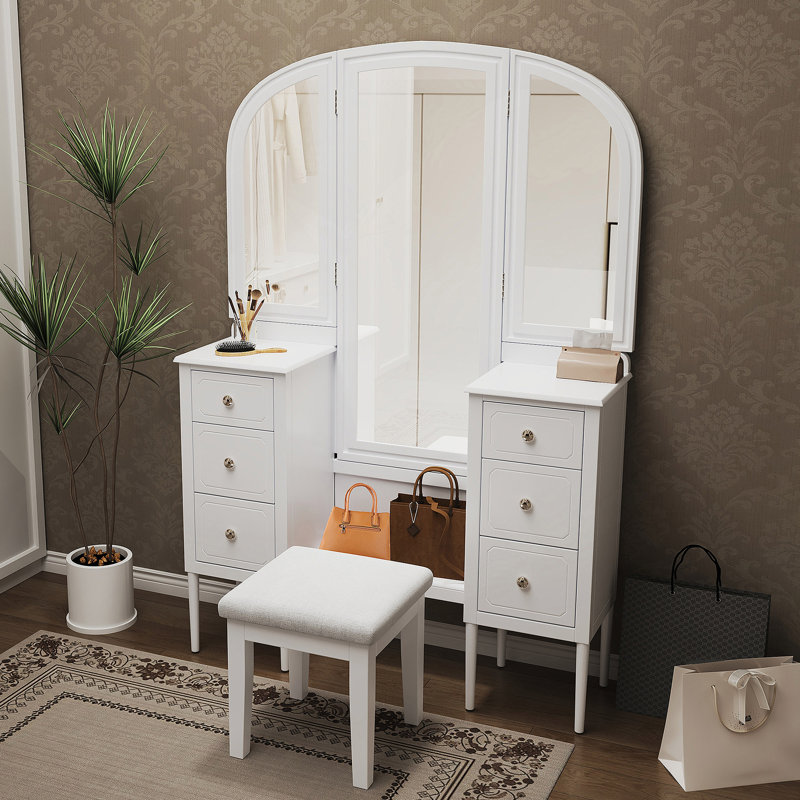 Bureau de coiffeuse antique avec miroir triple, ensemble de coiffeuse à 6 tiroirs avec tabouret, miroir pleine grandeur pour le vestiaire de la chambre à coucher, blanc