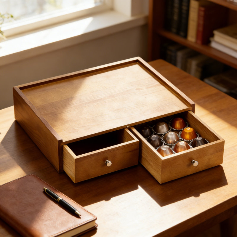 Organisateur de rangement K-Cup en bois avec 2 tiroirs, support Keurig et porte-dosette pour Nespresso Vertuo et original, organisateur de comptoir de cuisine de bureau avec grande capacité