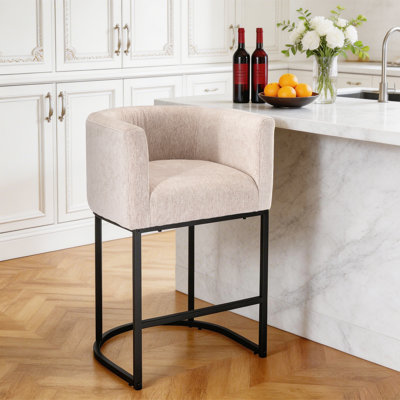 Modern Barrel Counter Stools with Backrest and Arms, Linen Fabric Upholstered Accent Barstools for Kitchen Island,Support 450 LBS