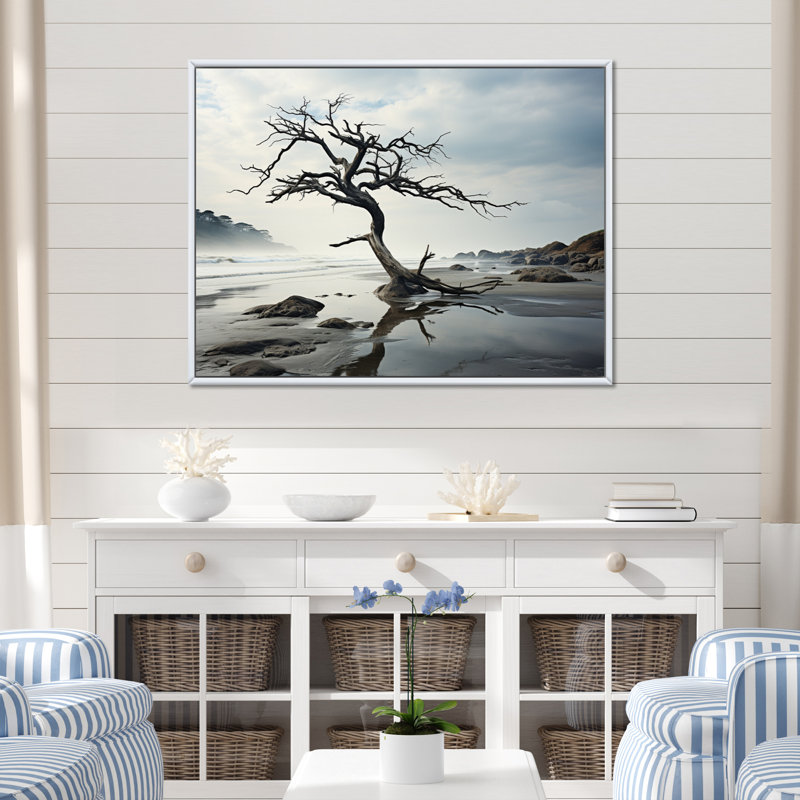 «Beach Tree Solitude II», reproduction sur toile, H 12 po x l 20 po x P 1 po, Cadre flottant blanc