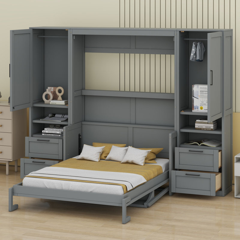 Lit escamotable Murphy avec placard, tiroirs et tablettes, Gris, Double