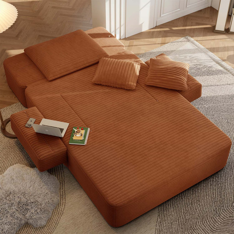 Méridienne avec 3 coussins, canapé-lit convertible avec poche de rangement, Orange