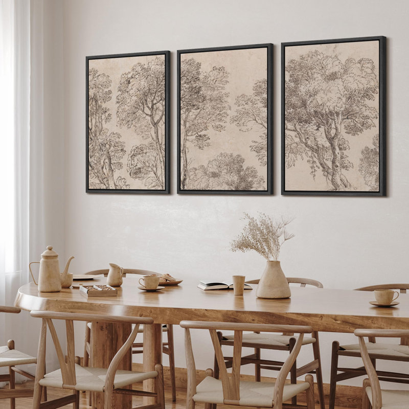 Forest Landscape " Monochromatic Tree Line Detailed Branches And Foliage Sketch " 3 - Pieces, Noir