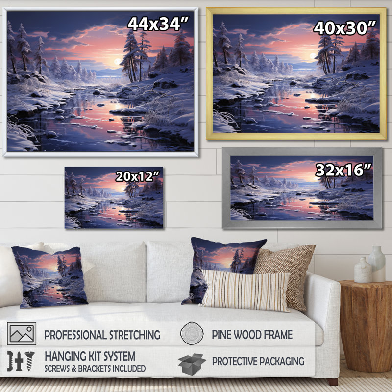 «White Fushia Winter Twilight IV», reproduction d'art sur toile, 34" H x 44" W, Cadre flottant doré