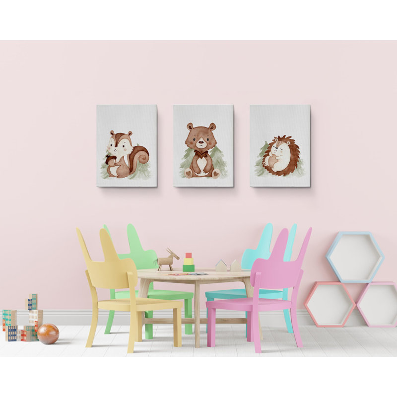 «Squirrel Bear Hedgehog», ensemble de 3 reproductions sur toiles tendues, H 24 po x l 48 po x P 1,5 po