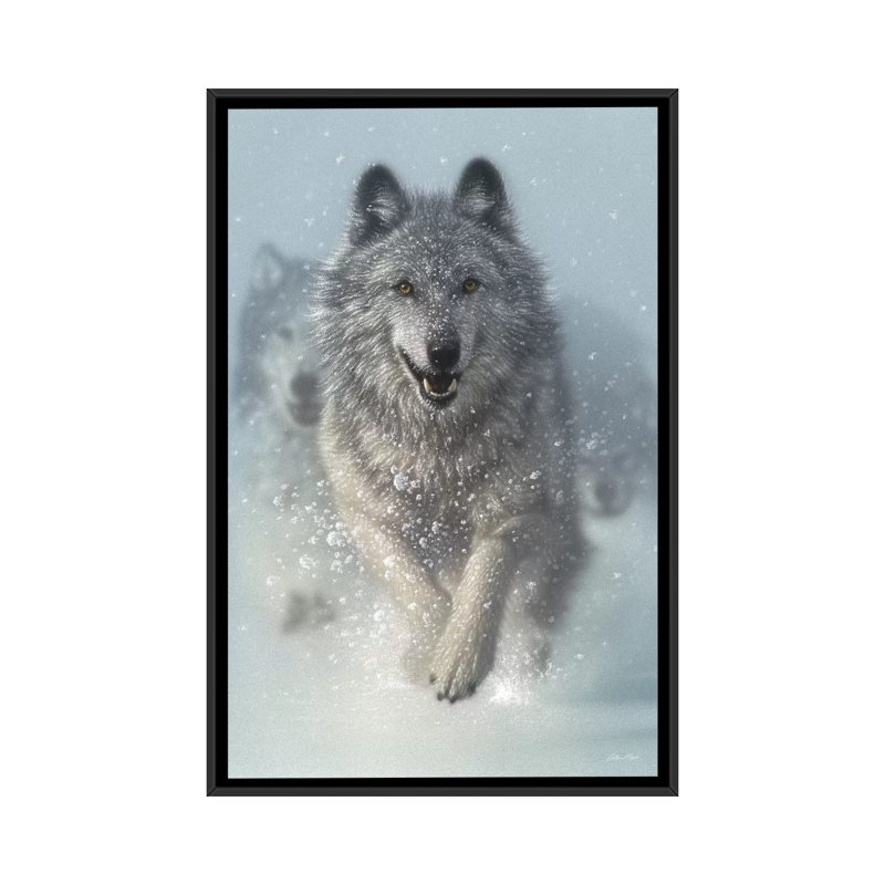 Chasse-neige - loups qui courent, vertical, H 26 po x l 18 po x P 1,5 po, Toile avec cadre noir