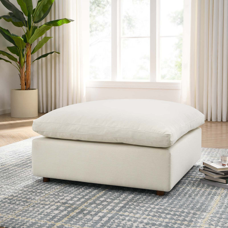 Commix Plush Light Beige Overstuffed Ottoman with Linen Texture